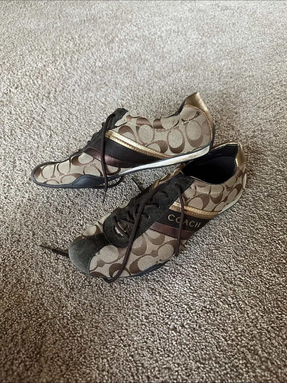 Coach Brown Signature Logo Sneakers with Gold Trim